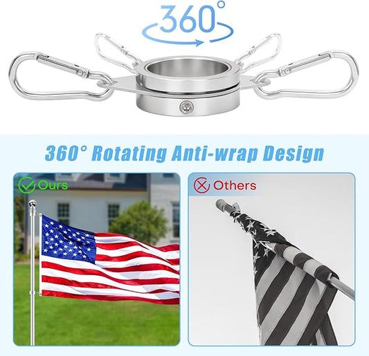 1.25" Flag Pole Rings, 2 Pcs Aluminum Alloy Spinning Flag Pole Ring Clips Swivels, 360° Rotating Anti Wrap Flagpole Ring Hardware with Aluminum Carabiners for 1.02-1.25" Diameter