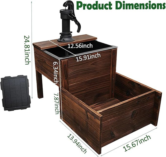 Outdoor Water Fountain,Floor Wooden Rectangular Double-Layer Old-Fashioned Pump Fountain with Flower Box,Solar-Powered Electric Decorative Hand Pump,Outdoor Water Feature for Garden Patio Backyard