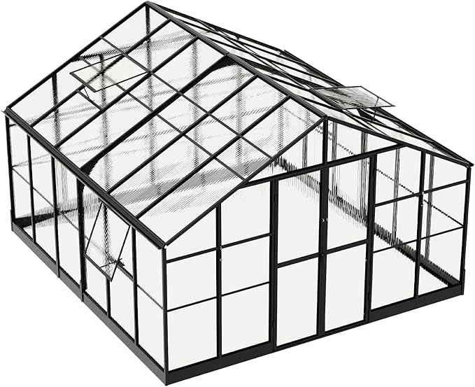Jocisland 12x13.5x9 Polycarbonate Outdoor Aluminum Greenhouse - Quick Connect Fittings, 6.7 FT Height Bronze Double Doors, 4 Ventilation, Walk In Backyard Garden Greenhouse