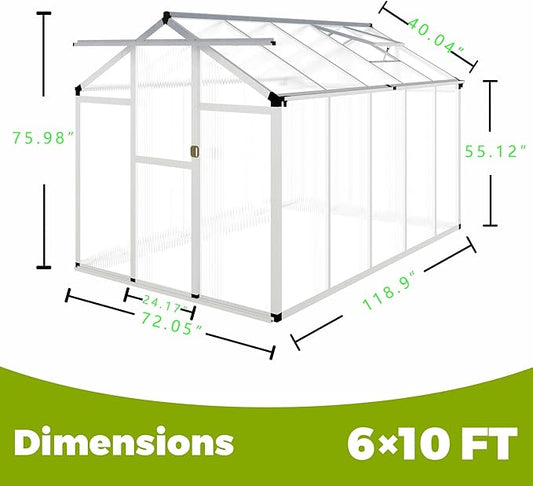 6 x 10FT Greenhouse for Outdoors,Polycarbonate Garden Backyard,Silver