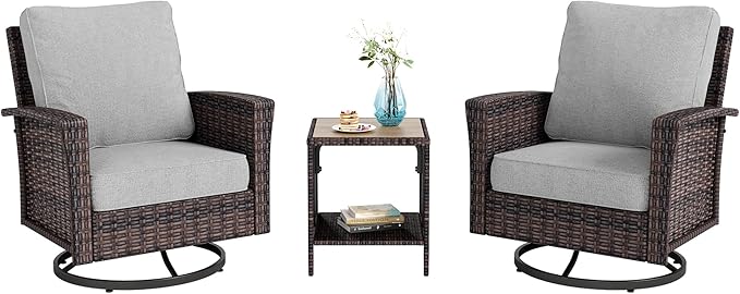 HERA'S HOUSE Outdoor Deck Furniture, High Back Wicker Patio Swivel Chairs with Rattan Table for Porch Balcony Lawn Garden, Grey