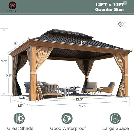 YOLENY 12' x 14' Hardtop Gazebo Wood Grain Aluminum Frame Gazebo, Outdoor Permanent Metal Pavilion with Netting and Curtains for Deck, Backyard, Patio, Lawns