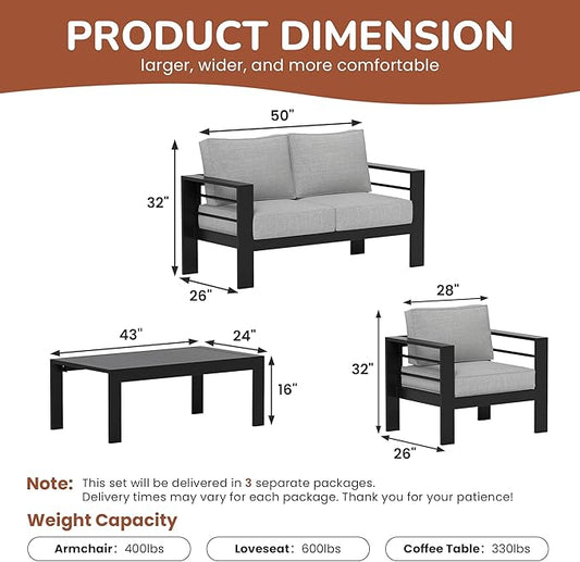 Solaste Outdoor Aluminum Furniture Set - 4 Pieces Patio Sectional Chat Sofa Conversation Set with Table,Black Frame and Grey Cushion