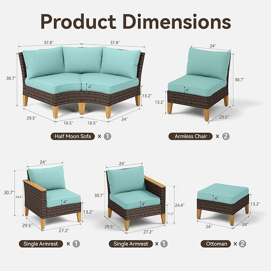 GREEN PARTY 8 Pieces Wicker Patio Furniture Set, All-Weather Outdoor Rattan Half-Moon Curved Patio Sectional Sofa Conversation Set 8 Seats with 4" Thick Cushions for Backyard, 2 x Ottomans (Blue)