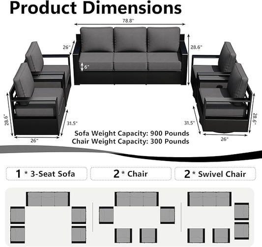 Outdoor Patio Furniture Set, 5-Piece Aluminum Patio Conversation Set All-Weather Metal Outdoor Sectional with 6 Inch Thick Cushions, Deep Setting for Garden, Outside and Porch