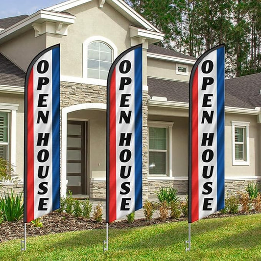 FFN 3-Pack of Open House Feather Banner Flag Kits, Includes Flag Poles, Ground Stakes, and Travel Bags, 15ft Large Outdoor Signs for Real Estate Agents