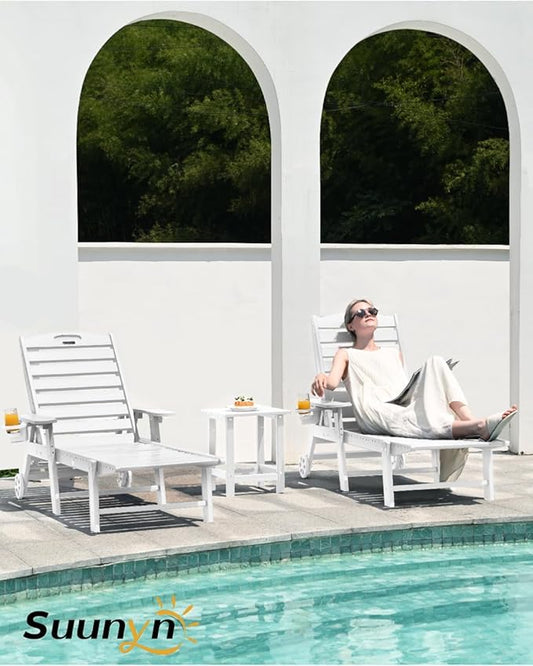 Lounge Chair Outdoor Set of 4 with Wheels, Adjustable 6-Position Chaise Lounge Outdoor, Patio Lounge Chair for Poolside Backyard, White