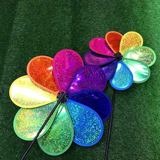 4PCS Flower Wind Spinner Sparkly Lawn Pinwheel 11.8 inch Colorful Rainbow Garden Windmill for Garden, Party, Outdoor, Yard Decor