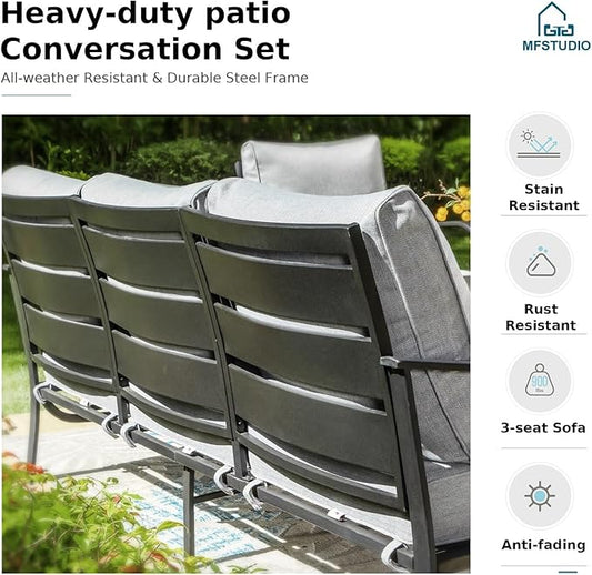 MFSTUDIO 5 Pieces Patio Conversation Sets, Outdoor Metal Furniture Sofas with 1 x 3-Seat Sofa, 2 x Rocking Chairs, 2 x Ottoman, Durable Steel Frame with Grey Cushion for Patio Balcony