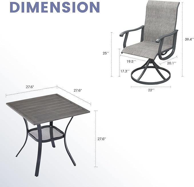 VICLLAX 3 Pieces Outdoor Dining Set, Patio Furniture Set of 2 Patio Swivel Dining Chairs and Small Dining Table with Storage Shelf, Grey Chairs & Antique Grey Tabletop