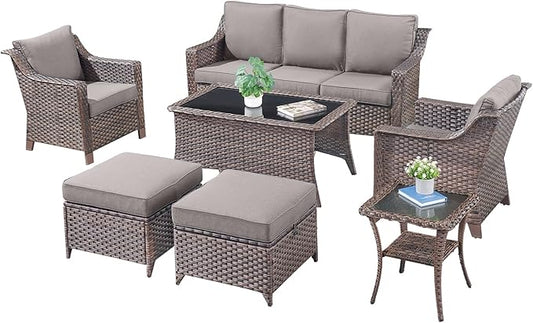 Patio Furniture Set-7 Pieces Outdoor All-Weather Wicker Conversation Set Outdoor Rattan Sofa Couch with Patio Chairs Ottomans for Porch Garden Backyard Poolside-Brown/Grey