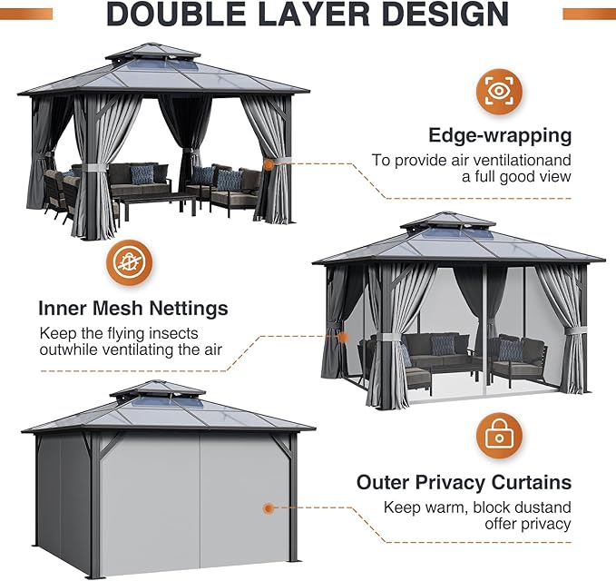 12 Ft. W X 12 Ft. D Aluminum Patio Hardtop Gazebo