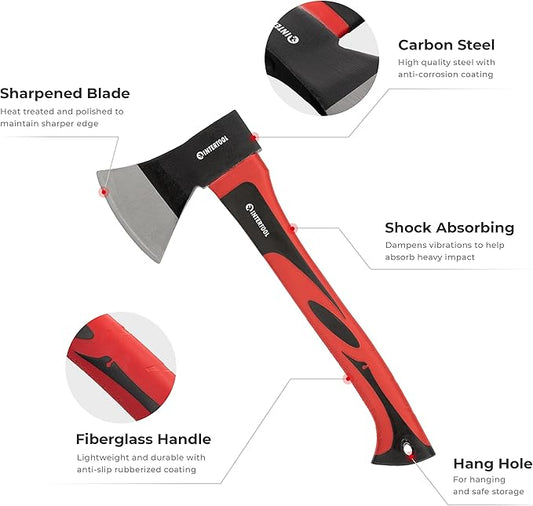 INTERTOOL Hatchet for Chopping Wood and kindling - Small Hand Axe for Camping Firewood - 15” Survival Ax - with Shock-Absorbing Fiberglass Anti-Slip Handle HT-0261