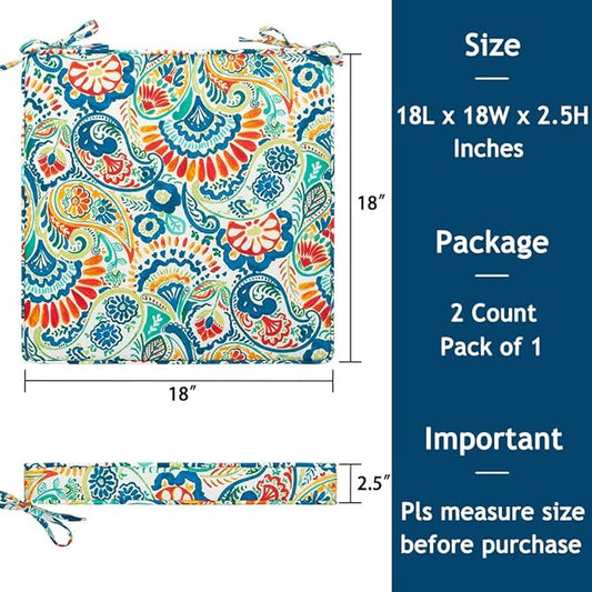 Magpie Fabrics Square Corner Seat Cushion, 18" x 18" x 2.5", 2 Pack, Indoor/Outdoor Waterproof Weather Resistant Universal Chair Pads for Patio Garden Dining - Paisley Multi