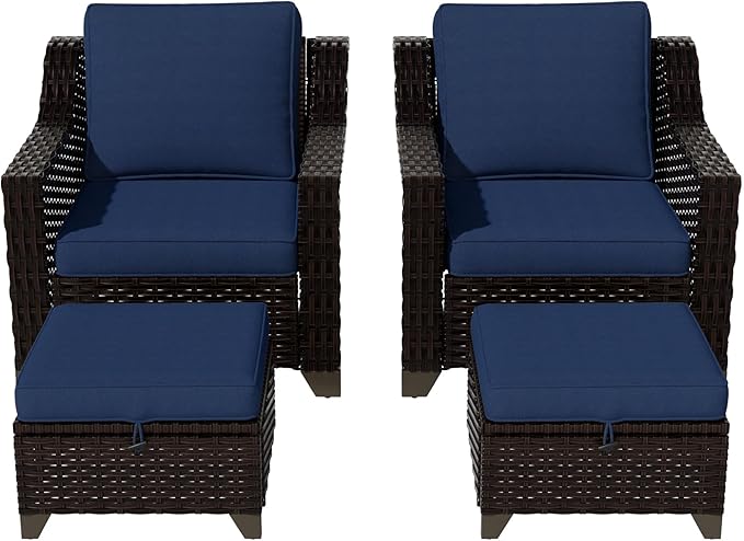 Vista Vibe 4 Pieces Outdoor Patio Conversation Furniture Set - 2 Luxurious Armchairs | 2 Wicker Ottomans, Removable Cushions, Hand-Woven PE Rattan, Office, Porch (Brown/Navy)