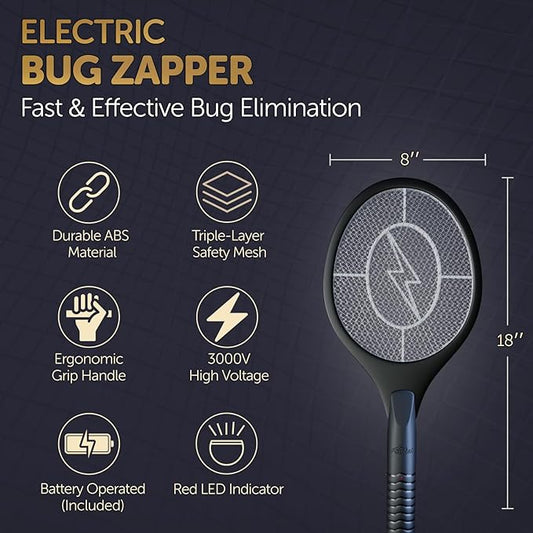 Bug Zapper Racket - Electric Fly Swatter & Mosquito Zapper for Indoor/Outdoor Insect Control - Battery-Operated Tennis Racket Zap - Lightweight & Portable High Voltage Bug Zapper - Black Mamba