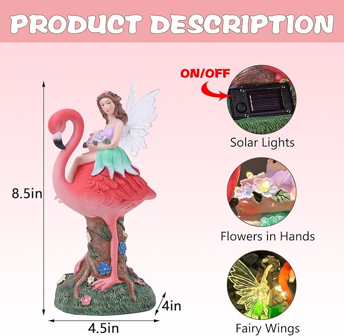 Solar Fairy & Flamingo Garden Decor Statue, Outdoor Funny Solar Light Decoration for Yard, Patio, Lawn, Unique Housewarming, Birthday Gift for Women, Mom, Grandma