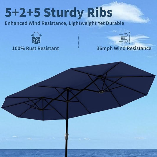 15FT Double Sided Patio Umbrella with Base Included Large Outdoor Market Umbrella with Crank Handle, UV Resistant Canopy, Sturdy Frame for Garden, Poolside, Deck, Navy Blue