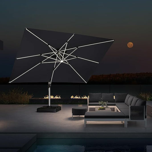 PURPLE LEAF 10' X 13' Double Top Deluxe Solar Powered LED Rectangle Patio Umbrella Offset Hanging Umbrella Outdoor Cantilever Umbrella, Grey