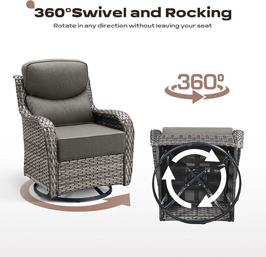 Rilyson Wicker Outdoor Patio Furniture Set - 8 Piece Patio Conversation Sets with Swivel Rocker Chairs, Ottomans, Sofa and Coffee Table, 6 inch Cushions, Deep Seating, for Porch Deck Mixed Grey/Grey