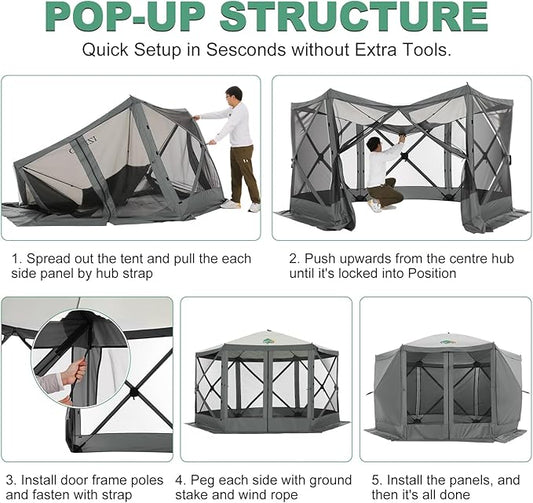 COBIZI 12x12ft Pop up Gazebo on Clearance Screen Canopy Tent for Camping, Camping Outdoor Screened Gazebo with Sidewalls, Portable Hub with Carrying Bag and Ground Stakes, Grey(Upgraded 2.0)