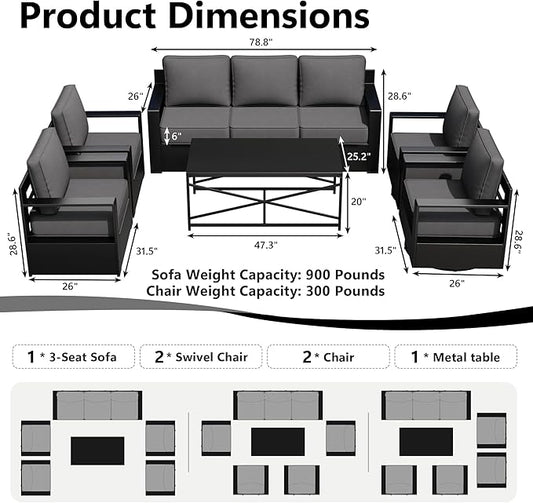 Outdoor Patio Furniture Set, 6-Piece Aluminum Patio Conversation Set All-Weather Metal Outdoor Sectional with 6 Inch Thick Cushions, Deep Setting for Garden, Outside and Porch