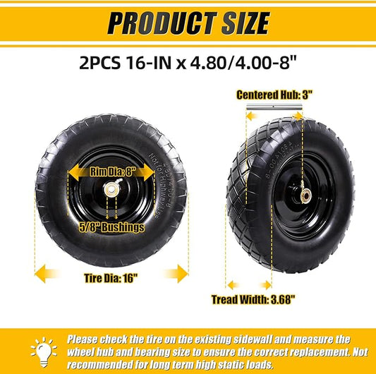 MZREXN 4.80/4.00-8" Flat Free Tire and Wheel, 16" Universal Solid Wheelbarrow Tires, with 5/8" & 3/4" Bearings, 3" Centered Hub for Hand Truck Garden Trailers Utility Cart Yard Wagon (2-PACK, Black)