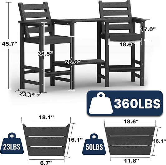Tall Adirondack Chairs Set of 2, All Weather HDPE Poly Bar Height Balcony Adirondack Chair with Removable Double Connecting Trays, Outdoor Adirondack Barstools for Deck, Patio, Yard, Pool, Lawn