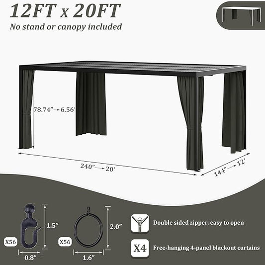 Gazebo Universal Replacement Privacy Curtain,12'×20' Gazebo Outdoor Waterproof Curtains, 4-Panels Sidewall Curtains with Double Zipper for Patio Canopy, Garden and Backyard (Curtain Only)