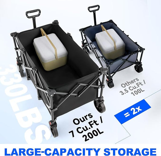 200L Collapsible Foldable Wagon, Large Heavy Duty Wagon Cart with 440lbs Weight Capacity, Folding Utility Wagon with Brake for Camping, Garden, Sports, Picnic, Shopping (Black)