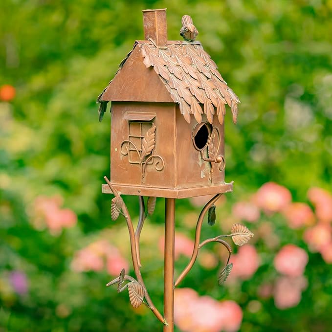 Copper Color Bird House Garden Stake with Ornate Style Roof (Rectangular)