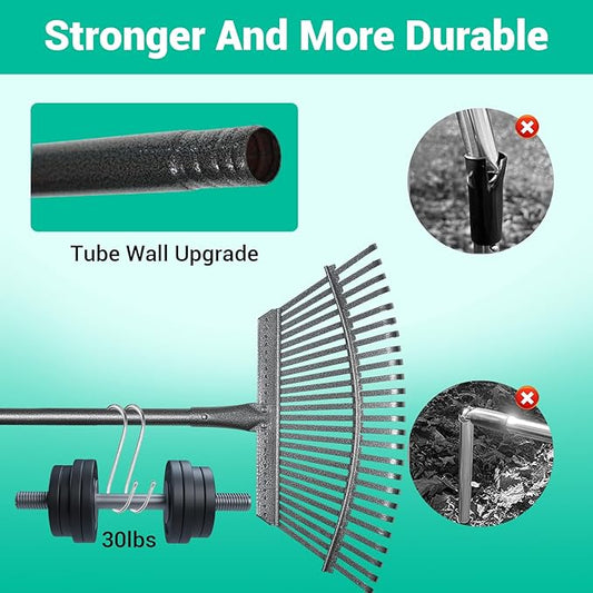Adjustable Garden Rake for Leaves 36-73" Long Handle, 18" Wide, Heavy Duty with 25 Metal Tines ,Includes 32Gallon Leaf Bags,Designed for Lawns, Grass, Shrubs ,Flower Beds