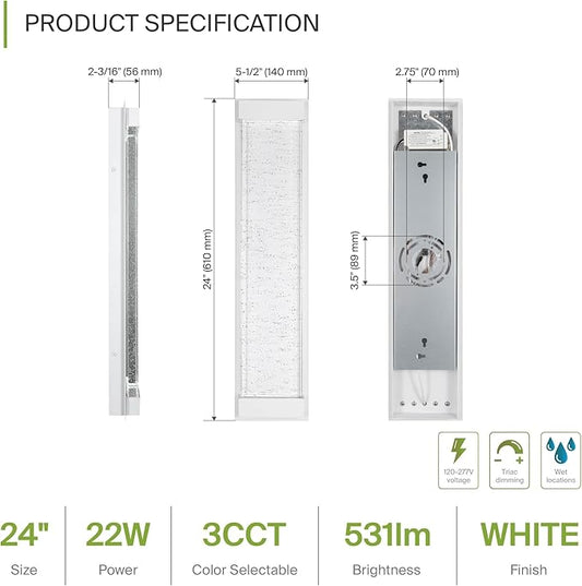 ASD LED 24 Inch Bubble Glass Wall Light Fixture | 22W 530LM 3000-5000K 100-277V | 3CCT, Waterproof, Dimmable, Up-Down Glow, ETL Listed | Exterior Flush Mount Sconce, Outdoor Lighting | White