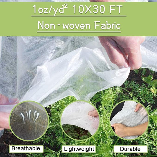 Plant Covers Freeze Protection Kit, 10 x 30Ft Frost Cloth and 6Pcs Fiberglass Garden Hoops 1oz/yd² Floating Row Cover with Greenhouse Hoops Frost Blanket for Winter Garden Covers for Raised Beds