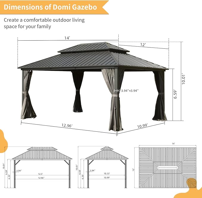 Domi 12' x 14' Hardtop Gazebo Outdoor Metal Gazebo with Galvanized Steel Double Roof Canopy, Curtains and Netting for Patio, Backyard, Deck, Lawn, Grey