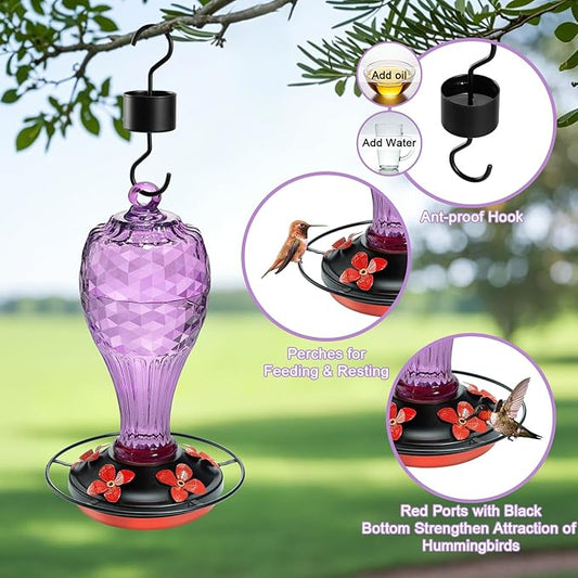 Hand Blown Glass Hummingbird Feeder for Outdoors Hanging with Ant Moat, Never Fade, 20 Ounces, Leak-Proof, Garden Backyard Decor for Bird Watching, for Mom Dad, Purple