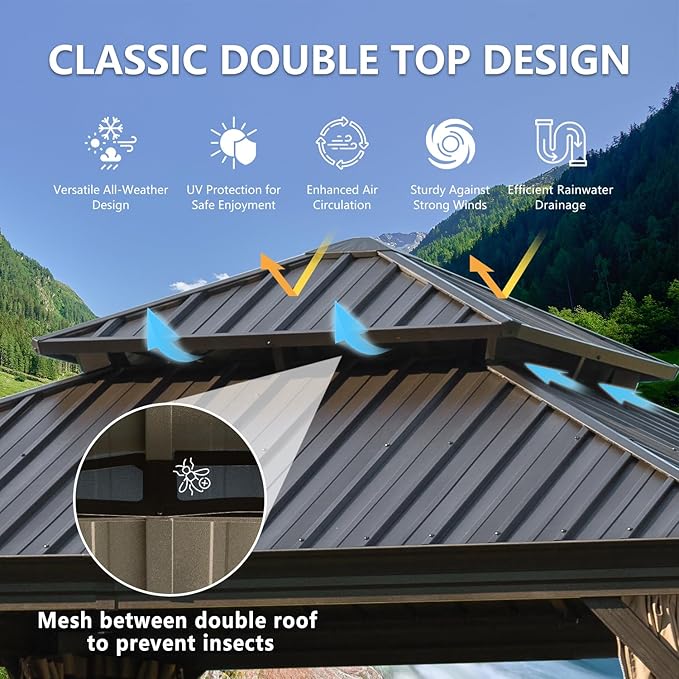 12' x 14' Hardtop Gazebo Outdoor Aluminum Gazebos with Galvanized Steel Double Canopy for Patios Deck Backyard,Curtains&Netting by domi outdoor living