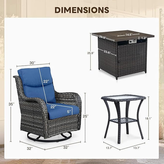 Patio Luxury Conversation Set 6PCS Resin Wicker Swivel Chairs Set, 4 Swivel Patio Chairs with Rattan Side Table and 30in Square Wicker Fire Table Set Brown Wicker|Blue Cushions