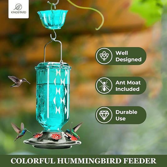 Kingsyard Glass Hummingbird Feeder for Outdoor Hanging, 24 Ounces, 6 Feeding Ports, Bird Nectar Feeder for Garden Décor, Ant Moat Included, Turquoise