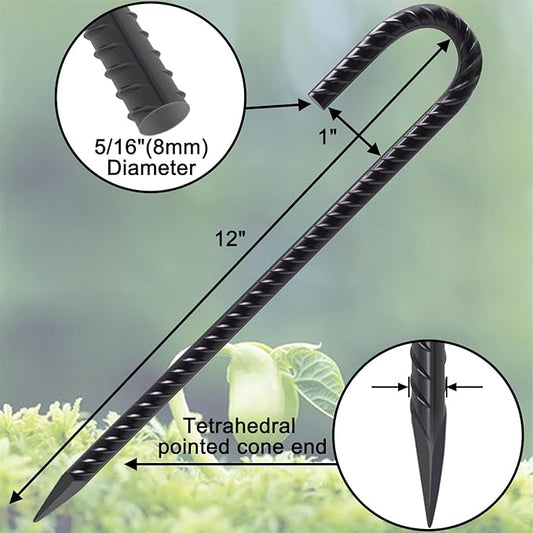 VVOKGO Rebar Stakes 12 Inches J Hook Heavy Duty Chain Link Fence Stakes, 16 Pcs Metal Long Tent Spikes Ground Anchors for Wire Fencing, Dogs Digging, Camping Tents, Swings, Greenhouse, Black