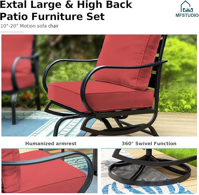 MFSTUDIO 6 Pieces Metal Patio Furniture Sets, 2 Swivel Chairs, 3-Seat Loveseat Sofa, 2 Patio Chairs & 1 Marbling Coffee Table, All Weather 7 Seats Outdoor Conversation Set for Garden, Burgundy Red
