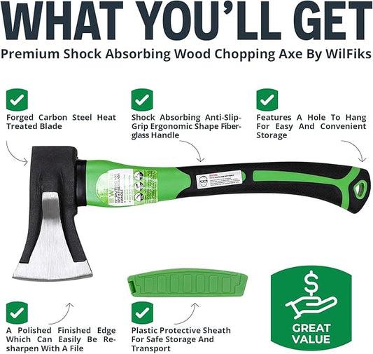 WilFiks Splitting Axe, 15” Camping Hatchet for Chopping and Kindling Wood and Branches, Forged Carbon Steel Hand Maul Tool for Gardening, Fiberglass Shock Reduction Handle with Anti-Slip Grip