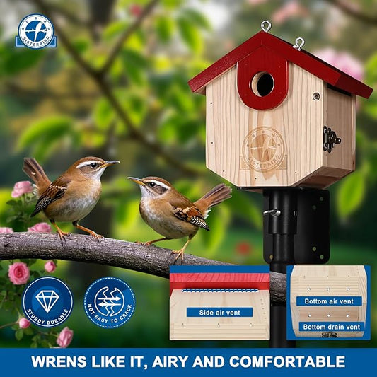 Wren Bird Houses for Outside Cedar Hanging Birdhouses for Outdoors 1-1/8" Entrance Hole Bird Houses for Outside Clearance Wooden Nesting Box Chickadee Predator Guard, Red