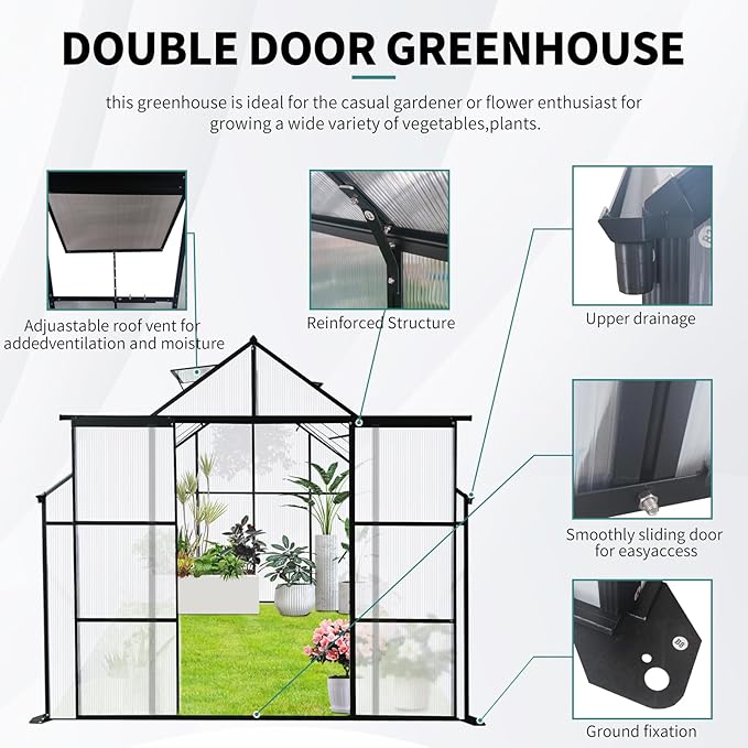 Favfurish 8X6 FT Greenhouses for Outdoors,Double Sliding Door Polycarbonate Greenhouse,Heavy Duty Walk-in Greenhouse, Drainage System & Galvanized Frame for Garden Backyard, Black