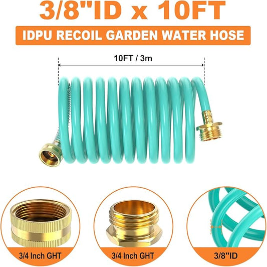 GASHER 10FT PU Recoil Garden Water Hose with 3/4"Inch Brass Fittings Retractable, Swivel Female for Boating, Pool & Spa, RV, Home and Garden(Blue)