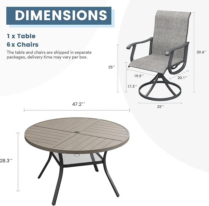 DIFY 7 Pieces Outdoor Patio Dining Set, 6 Grey Textilene Swivel Dining Chairs and 47.2" Grey Wood-Like Round Metal Dining Table, Outdoor Table and Chairs