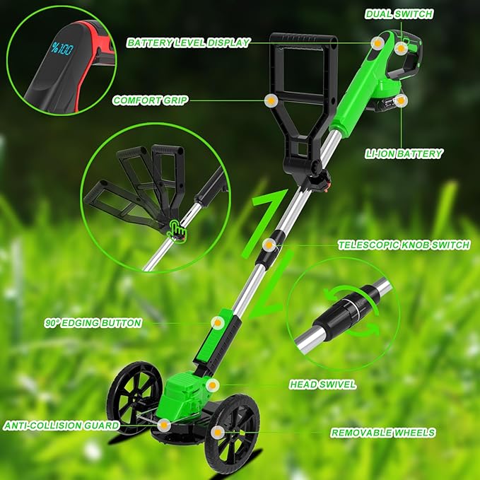 Electric Cordless Weed Wacker Eater Battery Powered Weed Trimmer with 2 21V/2.0Ah Battery Operated & Wheels & Charger & 5 Types Blades, No-String Brush Cutter/Grass Trimmer/Lawn Edger for Garden Yard