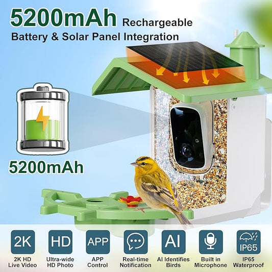 Smart Bird Feeder with Camera, AI Identify & Auto Capture, 2K HD Live Video Bird House with Camera, Instant Arrival Alerts, Cloud Storage Videos, Ideal Gift for Bird Lovers