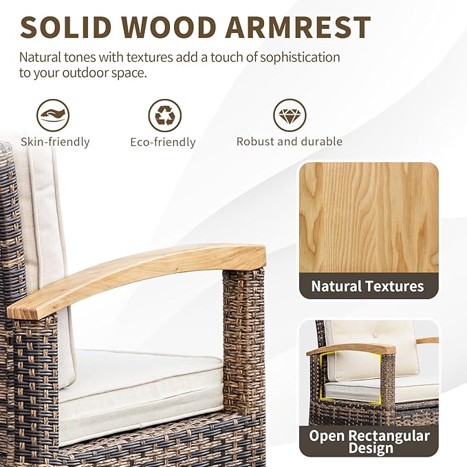 MEISSALIVVE 9 Piece Outdoor Patio Furniture Set, Half-Moon Curved Sectional Set with Wood Armrests, Patio Conversation Set, Tempered Glass Coffee & Side Tables(Brown)