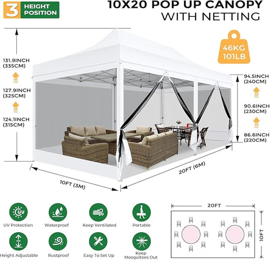 COBIZI 10x20 Heavy Duty Pop Up Canopy Tent with 6 Sidewalls, Commercial Gazebo Party Tent with Mosquito Netting Wall Easy Set Up Outdoor Instant Screen Tent for Backyard, Patio, Garden, White